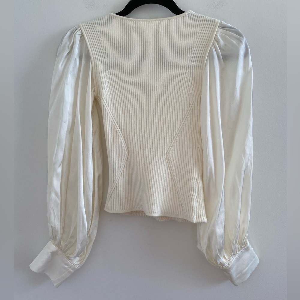 Anthropologie Ivory Twofer Faux Wrap Sweater With Satin Balloon Sleeves Size XXS - Picture 9 of 10